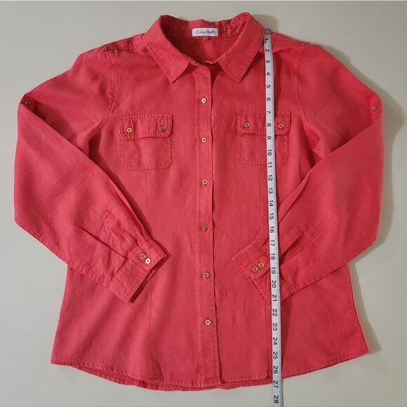 Calvin Klein Women's Red Orange Linen  Long Sleeve Button-Down Blouse - Picture 4 of 15